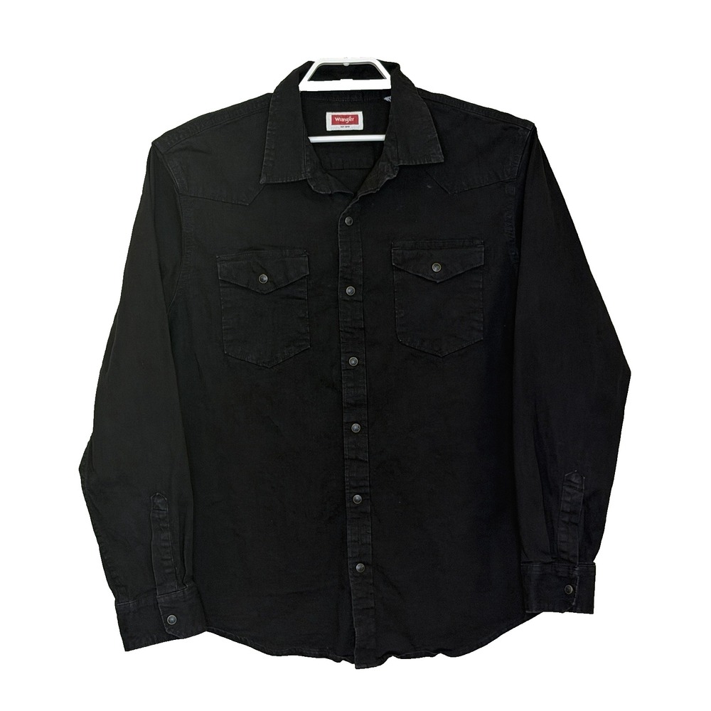 Wrangler Pearl Snap Shirt Mens XL Black Denim Long Sleeve Western Pockets Cowboy